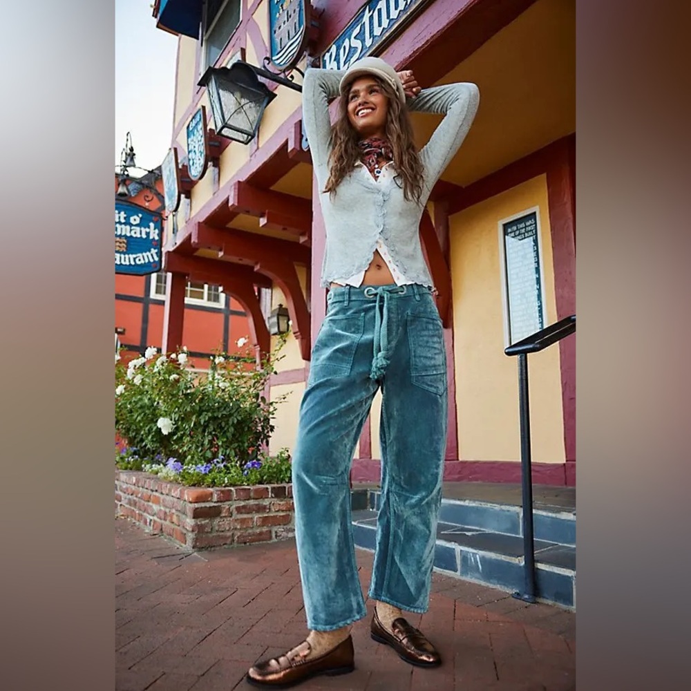 NWOT FREE PEOPLE WE THE FREE Moxie Flocked Barrel Jeans | Mountain Green $228 - Picture 7 of 12